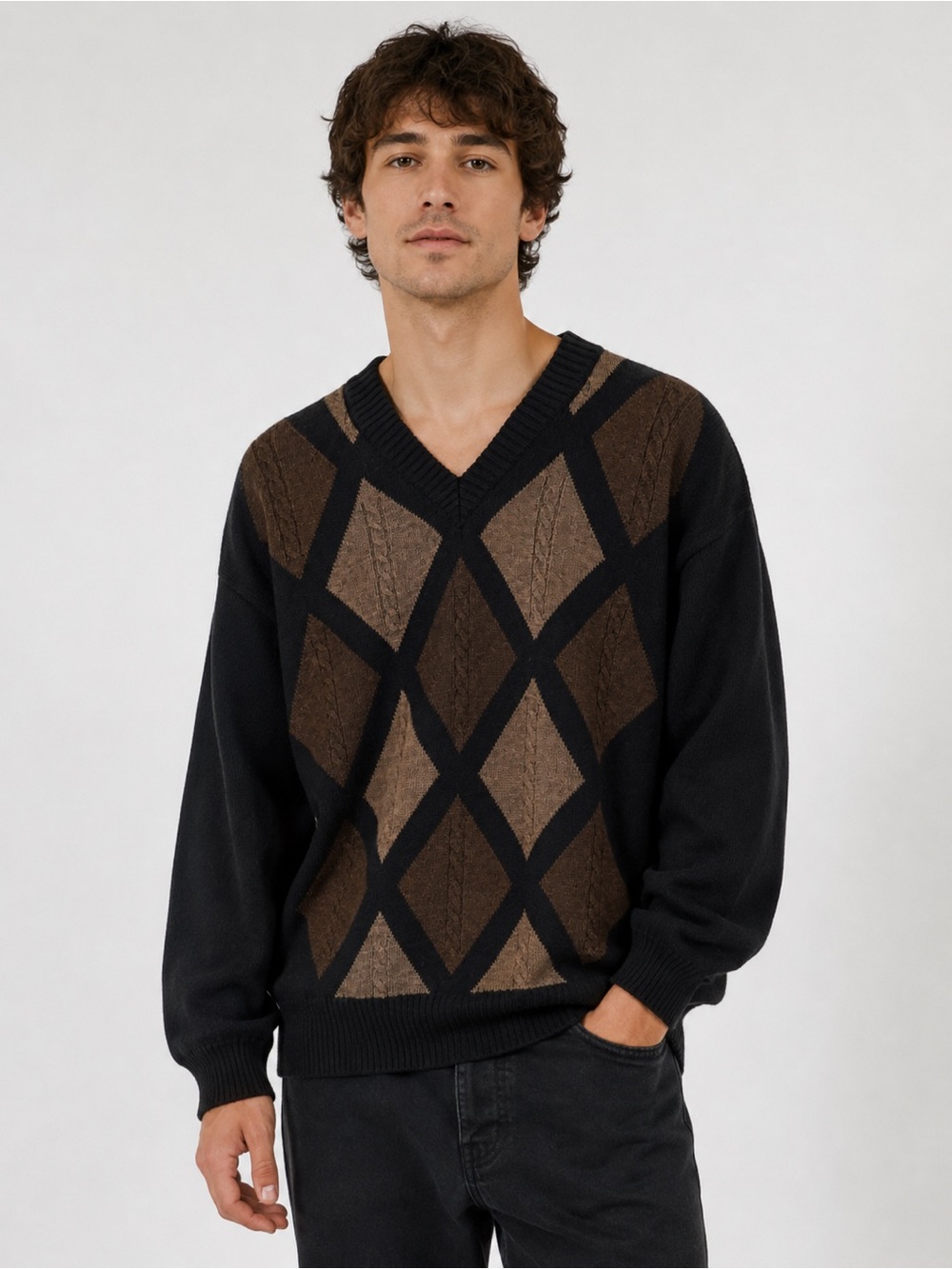 Mens XL 100% Merino Wool Argyle V Neck Sweater Made in Italy Black Brown
